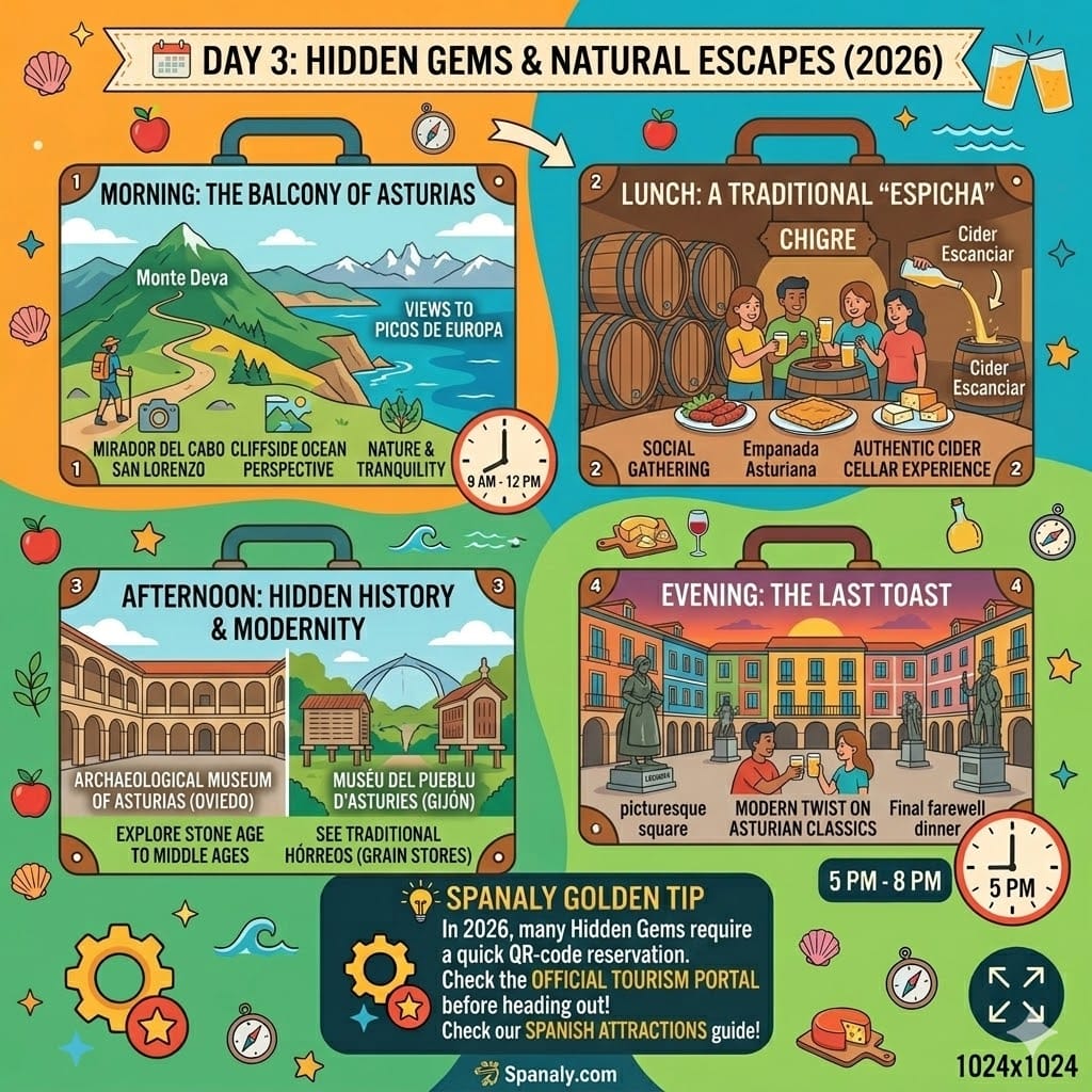 A vibrant 2026 itinerary infographic for Day 3 in Asturias. Highlighting Monte Deva nature views, a traditional Espicha cider cellar experience, the Muséu del Pueblu d’Asturies with its hórreos, and the final toast at Plaza de Trascorrales in Oviedo.