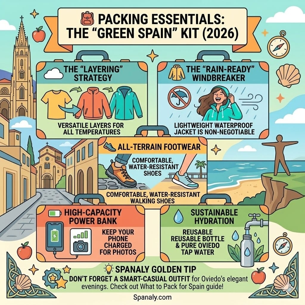 A vibrant infographic showing packing essentials for Asturias in 2026. Includes illustrations for the layering strategy, rain-ready windbreakers, all-terrain footwear, power banks, and reusable water bottles, set against a background of Oviedo and Gijón landmarks.