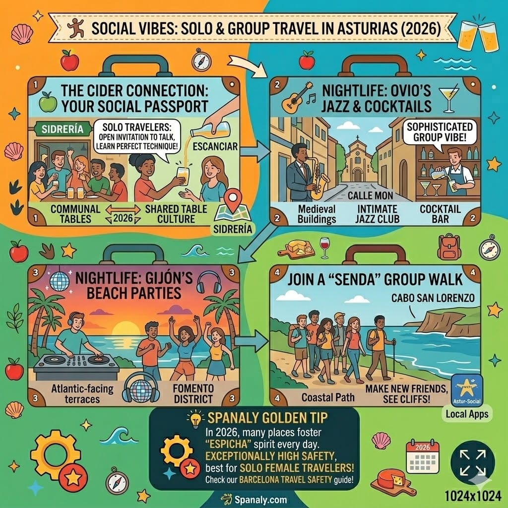 A colorful 2026 social travel infographic for Asturias. Showcasing people at communal tables in a cider house, jazz clubs in Oviedo's Calle Mon, beach parties in Gijon's Fomento district, and group hiking at Cabo San Lorenzo.