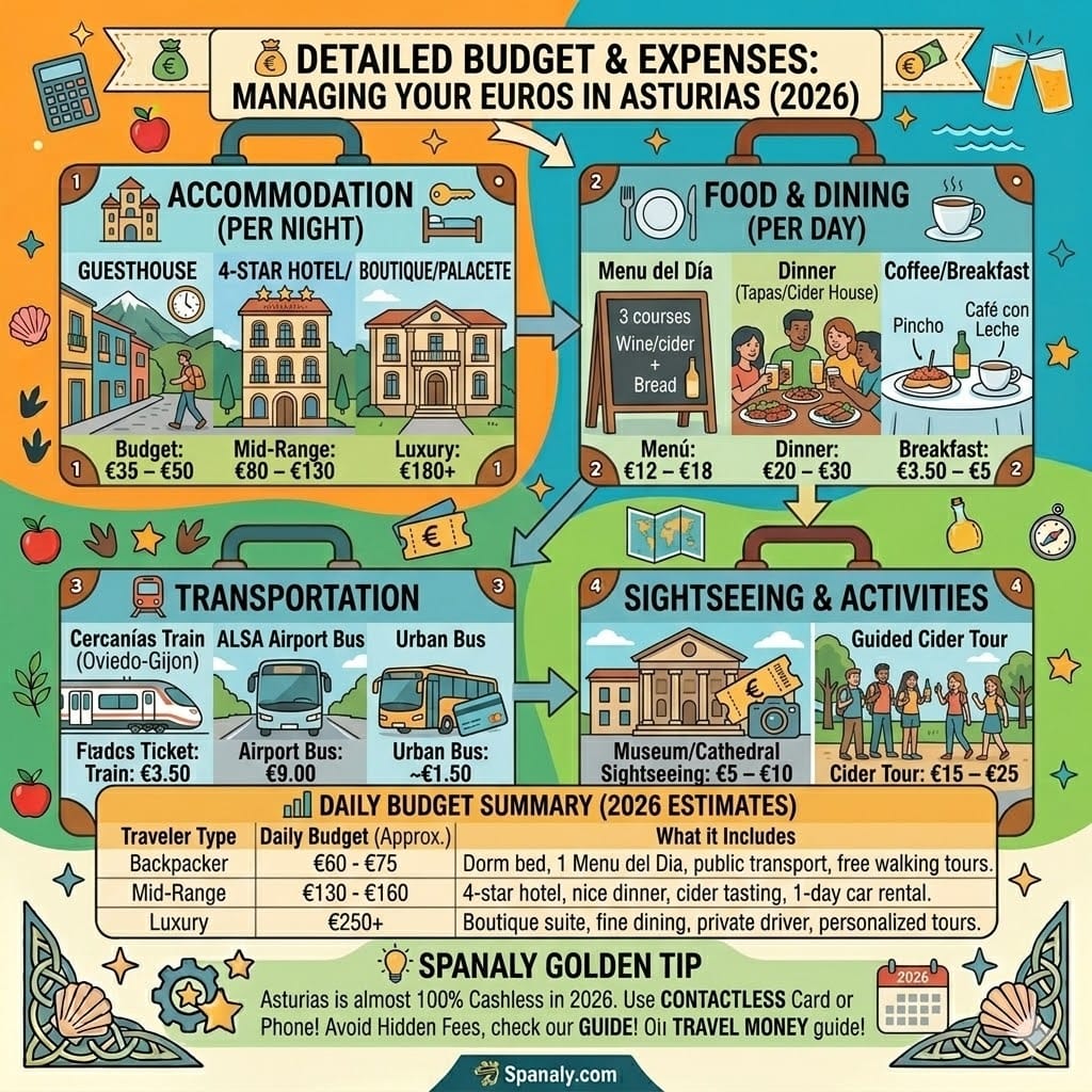 A comprehensive 2026 travel budget infographic for Asturias, Spain. Detailing costs for accommodation, dining (Menú del Día), public transportation (Cercanías and ALSA), and sightseeing activities for backpackers, mid-range, and luxury travelers.