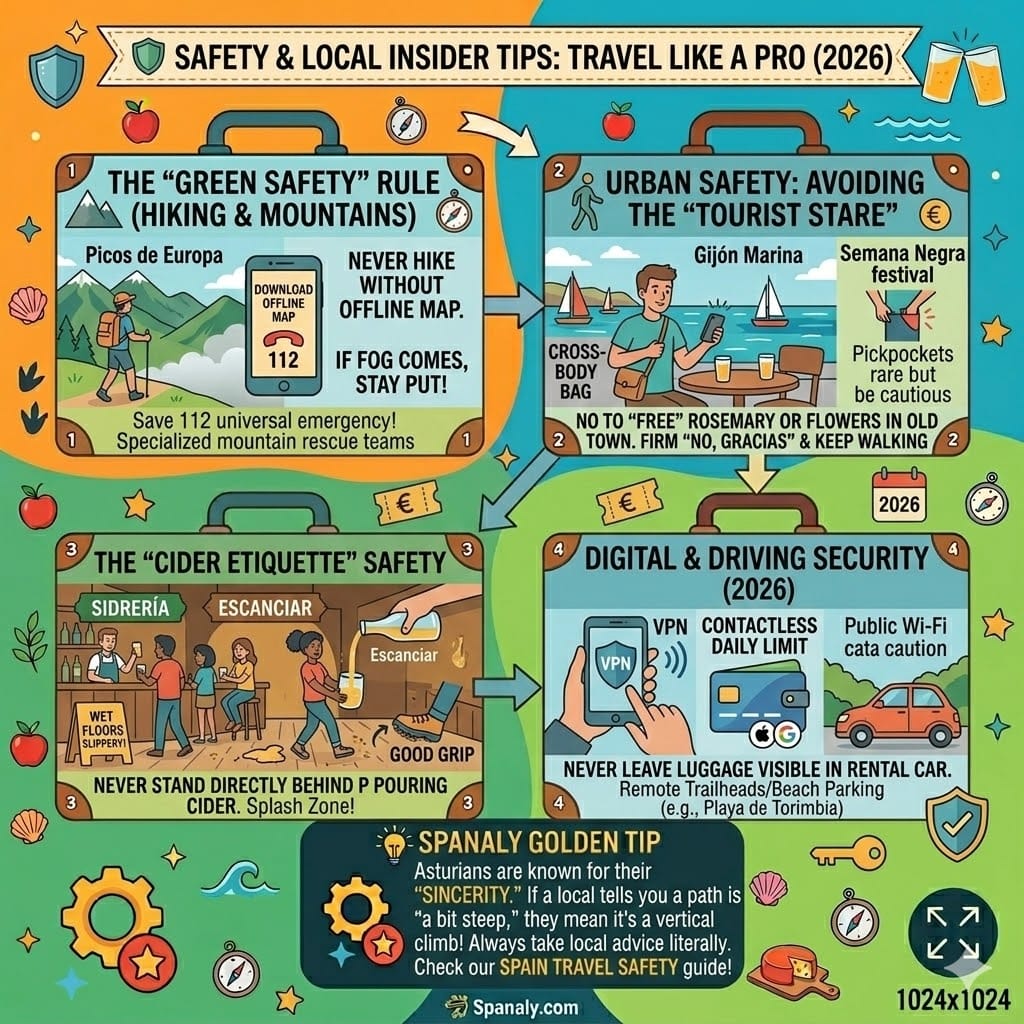 A comprehensive 2026 safety infographic for Asturias, Spain. Featuring mountain safety tips for Picos de Europa, urban security at Gijón Marina, cider etiquette to avoid slippery floors, and digital security for contactless payments.