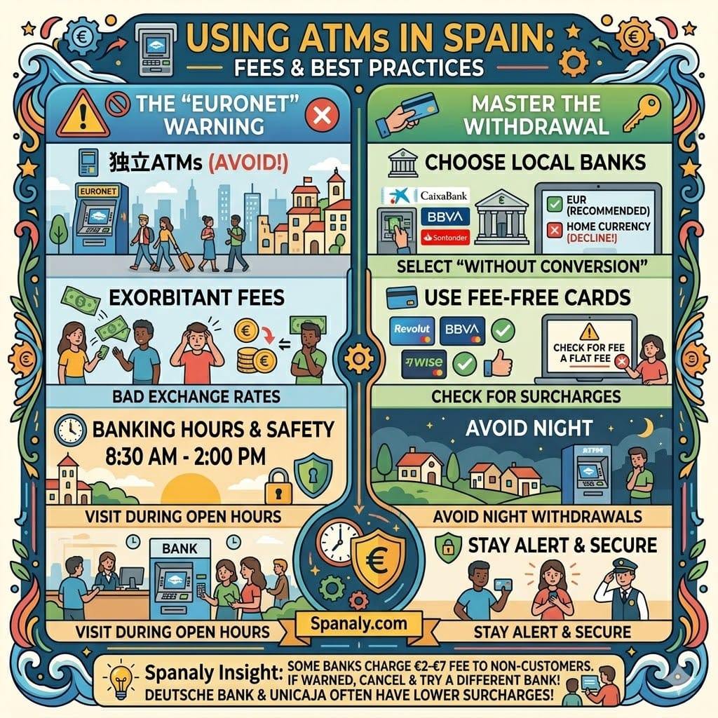Spanaly guide to using ATMs in Spain. Highlights avoiding Euronet fees, choosing local banks like BBVA or Santander, and selecting 'Without Conversion' to save money. Includes banking hours and safety tips for tourists.