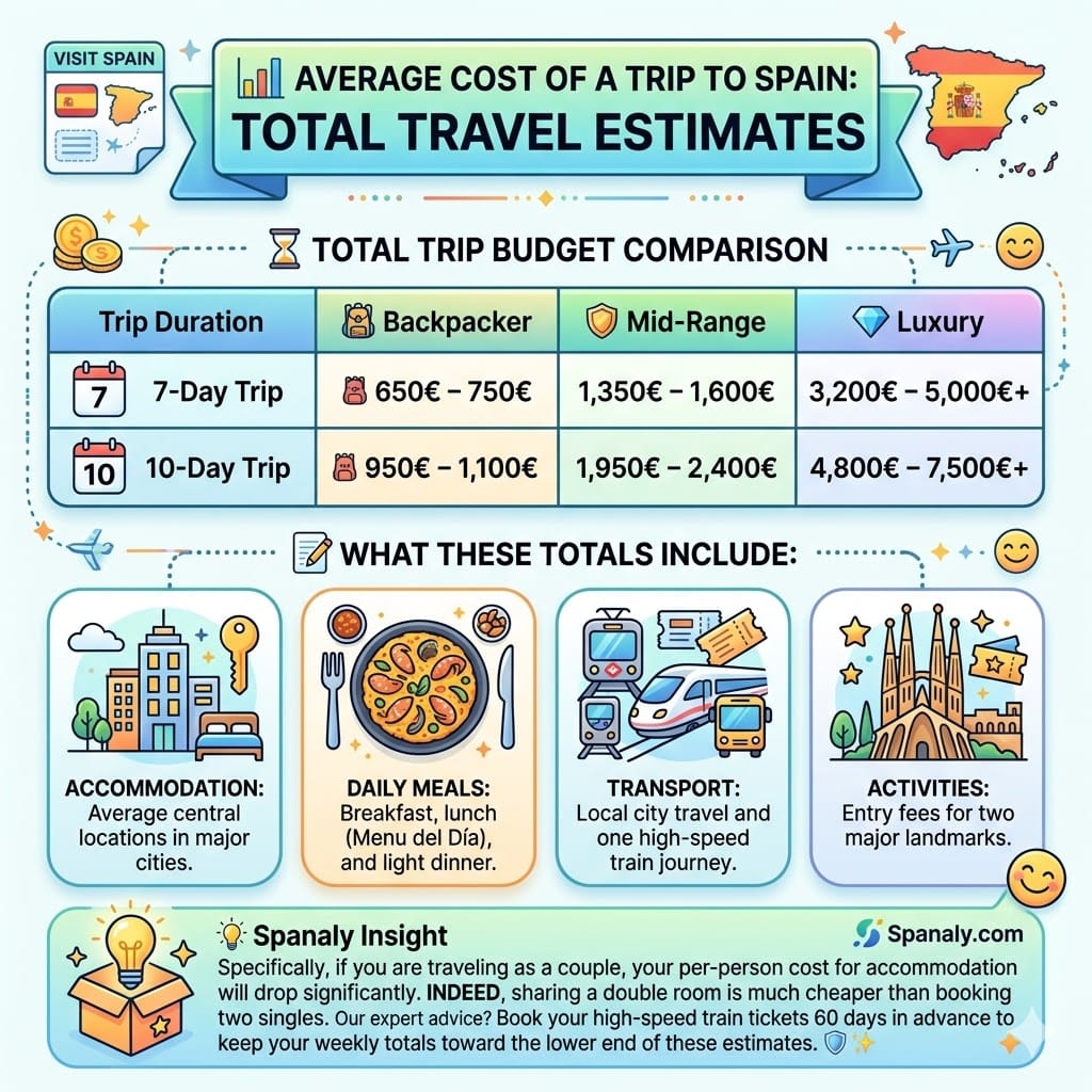 Infographic showing the average cost of a trip to Spain for 7 and 10 days, comparing budget, mid-range, and luxury traveler tiers with estimates for hotels, food, and transport.