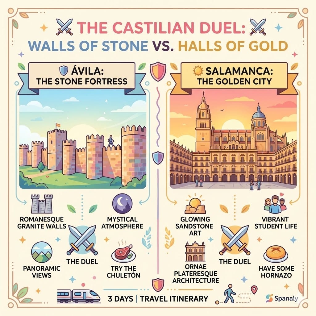 A colorful 1:1 square infographic comparing Ávila's stone walls and Salamanca's golden sandstone architecture for a 3-day travel itinerary in 2026.