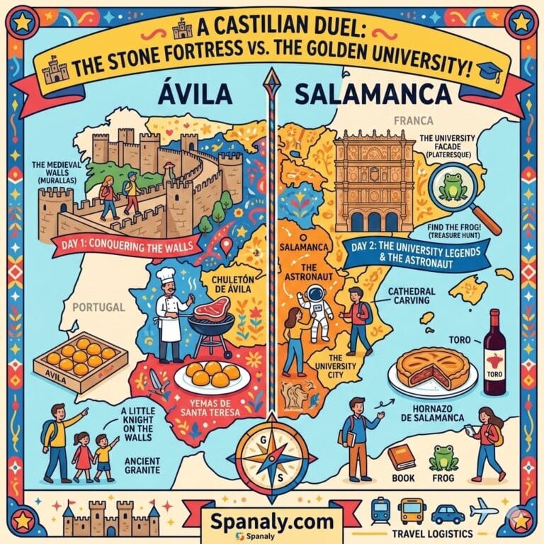 A vibrant 1024x1024 infographic map of Spain split into two halves: Ávila with its medieval walls and Chuletón steak, and Salamanca with its University facade, the frog, and Hornazo pie. Spanaly logo at the bottom.