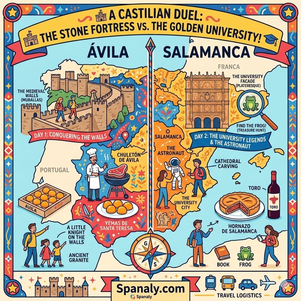 A vibrant 1024x1024 infographic map of Spain split into two halves: Ávila with its medieval walls and Chuletón steak, and Salamanca with its University facade, the frog, and Hornazo pie. Spanaly logo at the bottom.