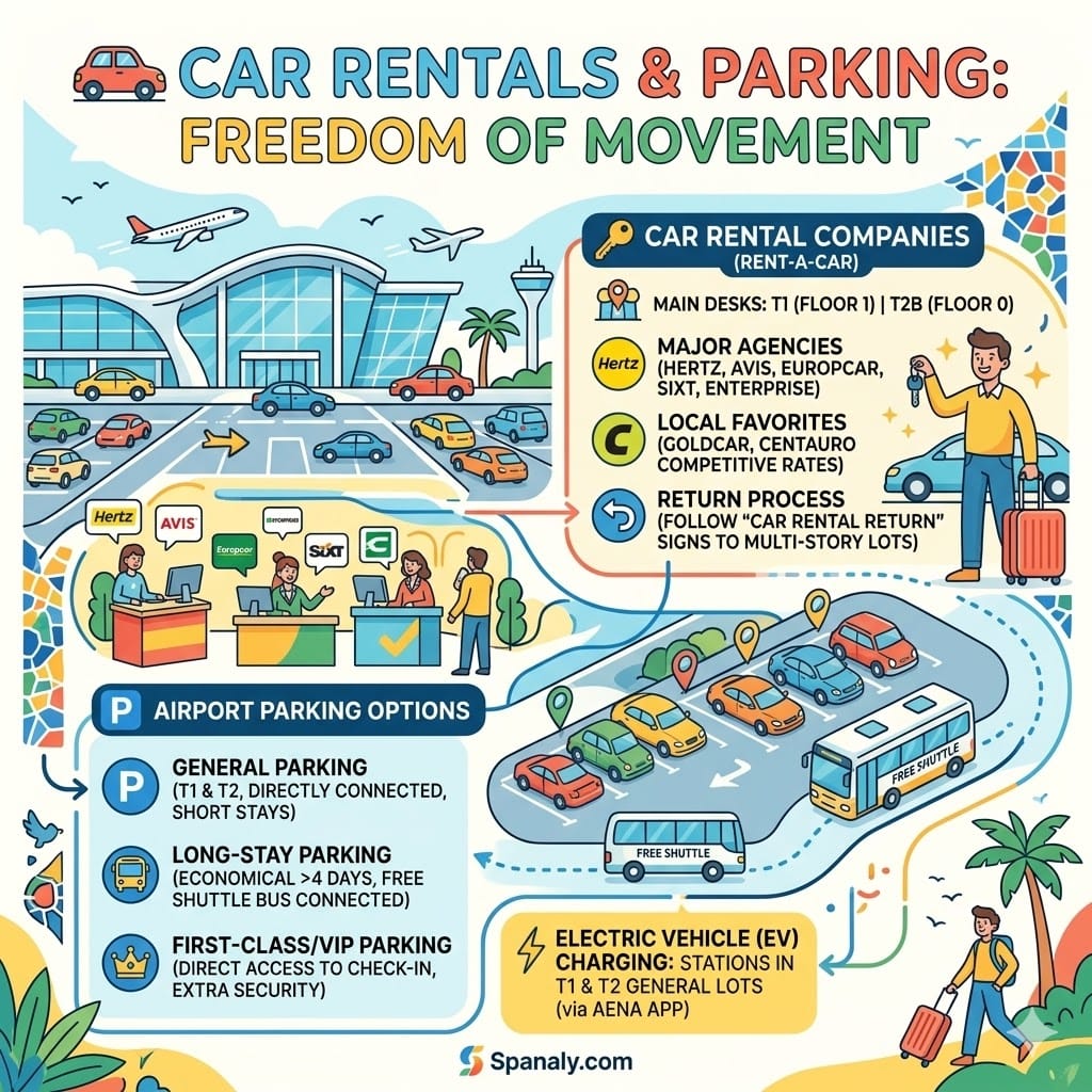 Infographic of Barcelona El Prat Airport car rental desks and parking options including long-stay and EV charging.