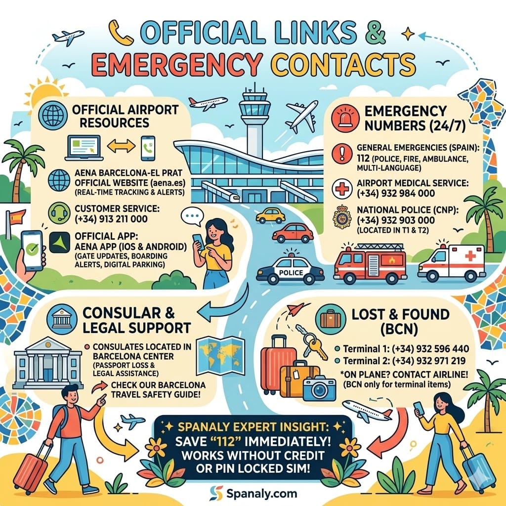 Infographic of Barcelona El Prat Airport emergency numbers, official Aena website links, and lost and found contact details.