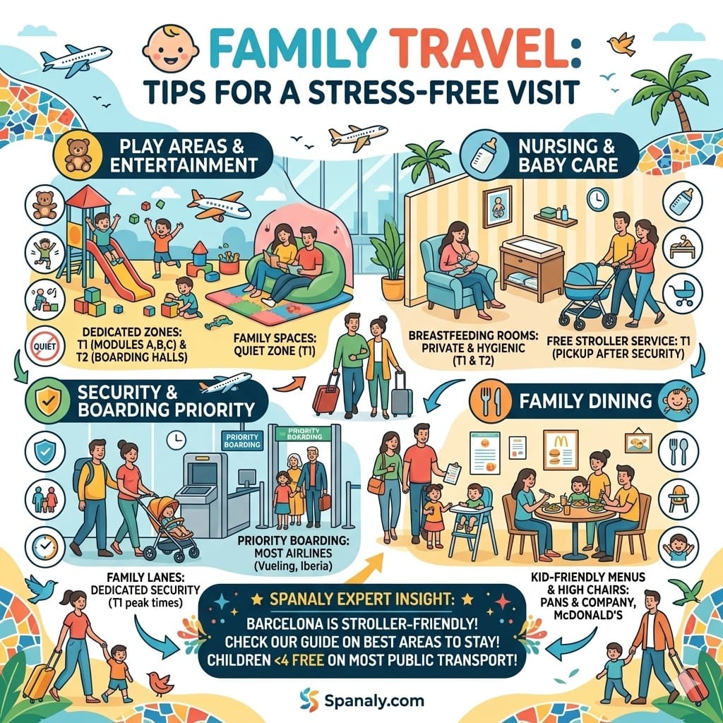 Infographic of Barcelona Airport family facilities including play areas, nursing rooms, and free stroller services.