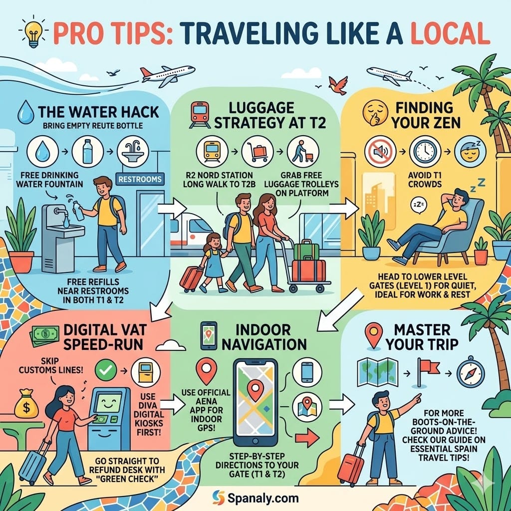 Infographic of Barcelona Airport travel hacks including free water refills, VAT refund tips, and quiet zones in Terminal 1.