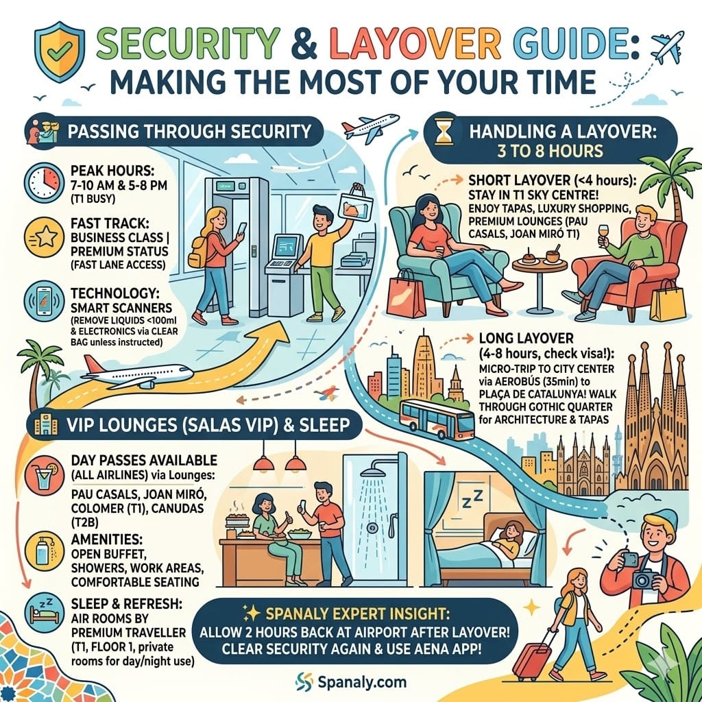 Infographic explaining Barcelona Airport security tips and layover activities including VIP lounges and city micro-trips.