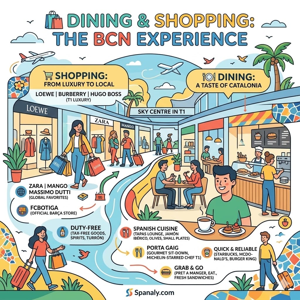 Infographic of Barcelona Airport shopping and dining options featuring Zara, Mango, and Spanish tapas restaurants.
