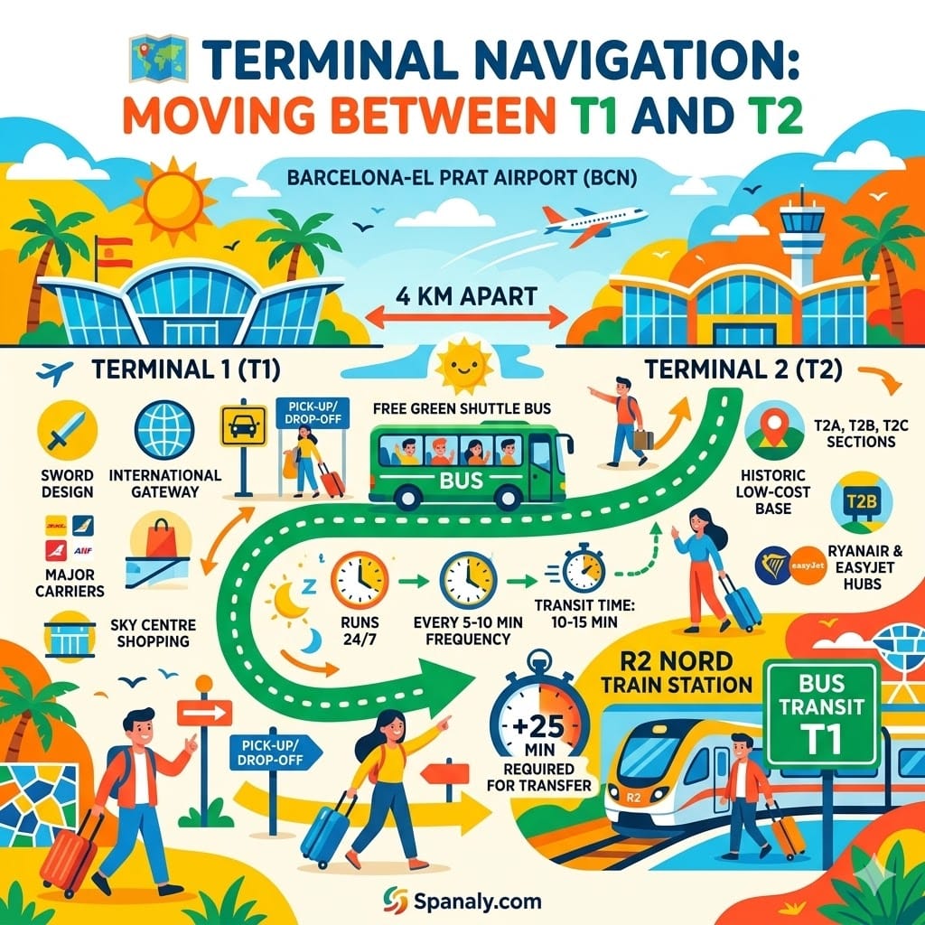 Infographic showing how to transfer between Terminal 1 and Terminal 2 at Barcelona El Prat Airport via free shuttle bus.
