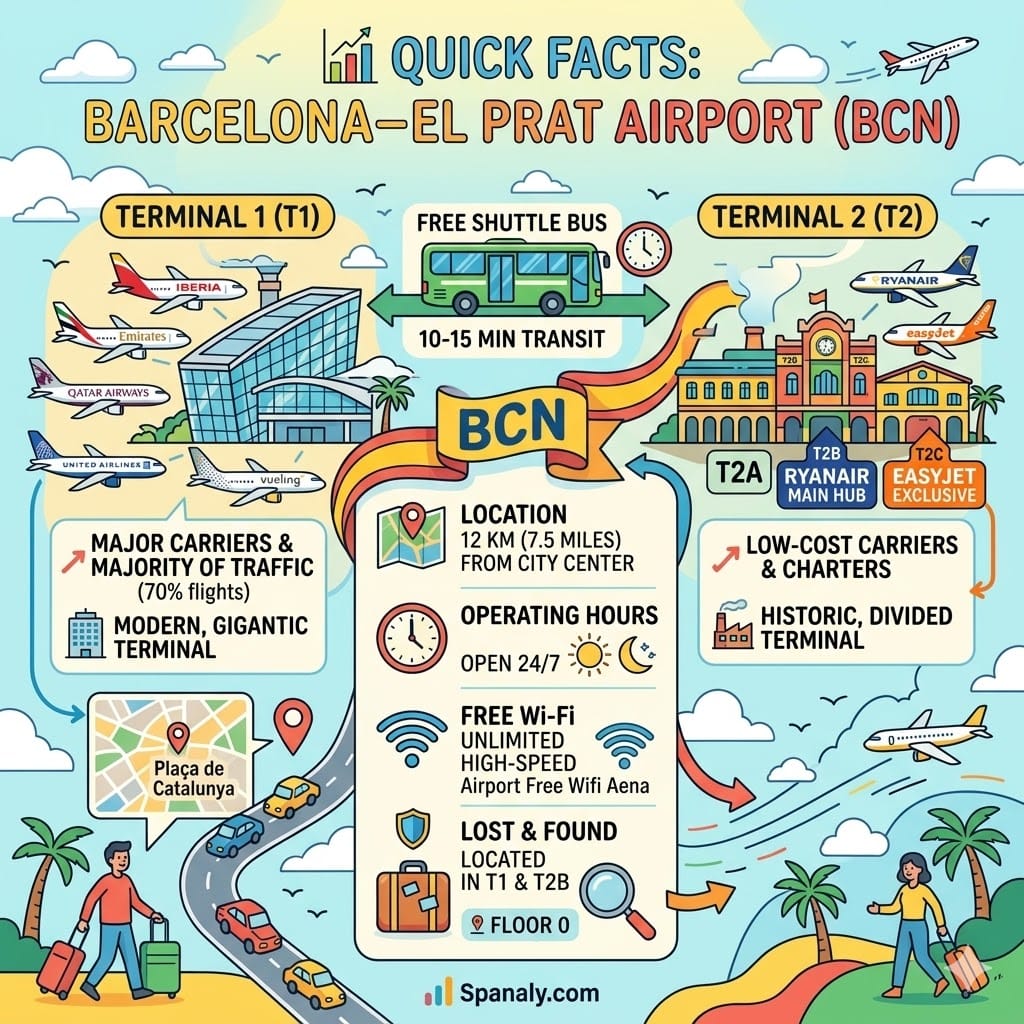 Infographic showing Barcelona El Prat Airport BCN quick facts, terminals, and transport.