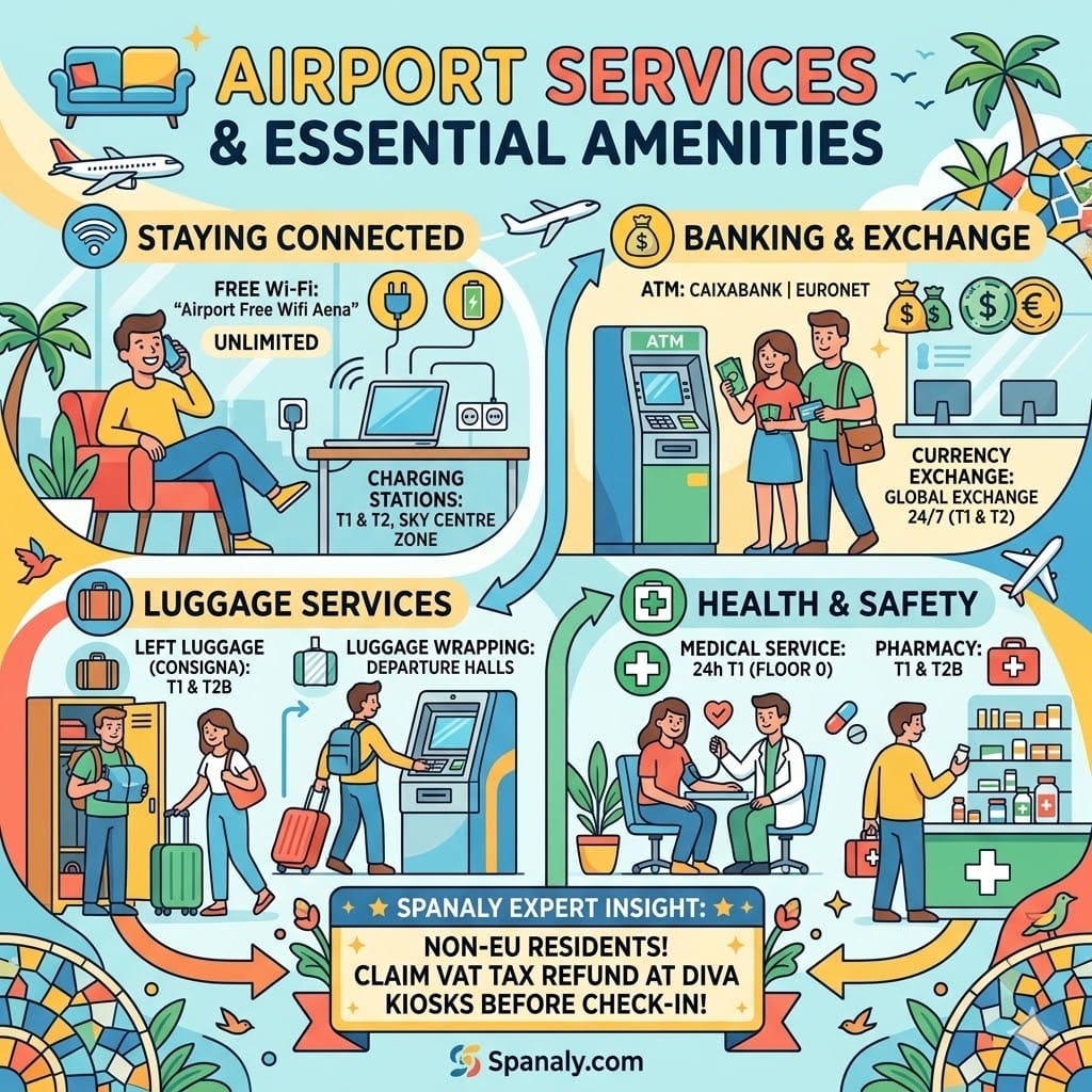 Infographic of Barcelona Airport services including Free Wi-Fi, ATMs, luggage storage, and medical center.