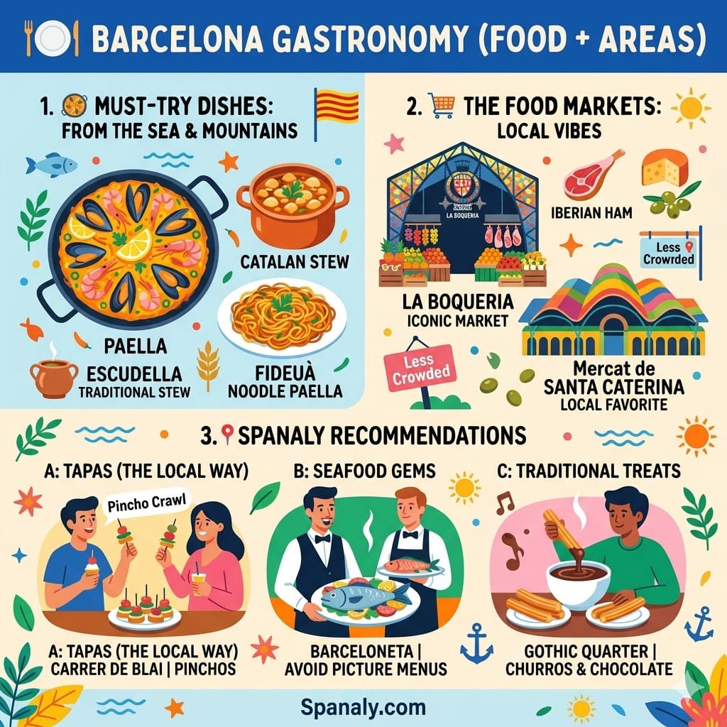 Colorful infographic titled "Barcelona Gastronomy (Food + Areas)" illustrating traditional Catalan dishes like Paella, Escudella, and Fideuà, iconic markets like La Boqueria and Santa Caterina, and local dining recommendations in Poble-sec and Barceloneta by Spanaly.