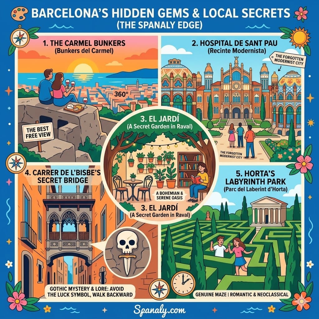 Colorful infographic of Barcelona's hidden gems including Bunkers del Carmel, Hospital de Sant Pau, El Jardi secret garden, Carrer del Bisbe bridge, and Horta Labyrinth Park by Spanaly.