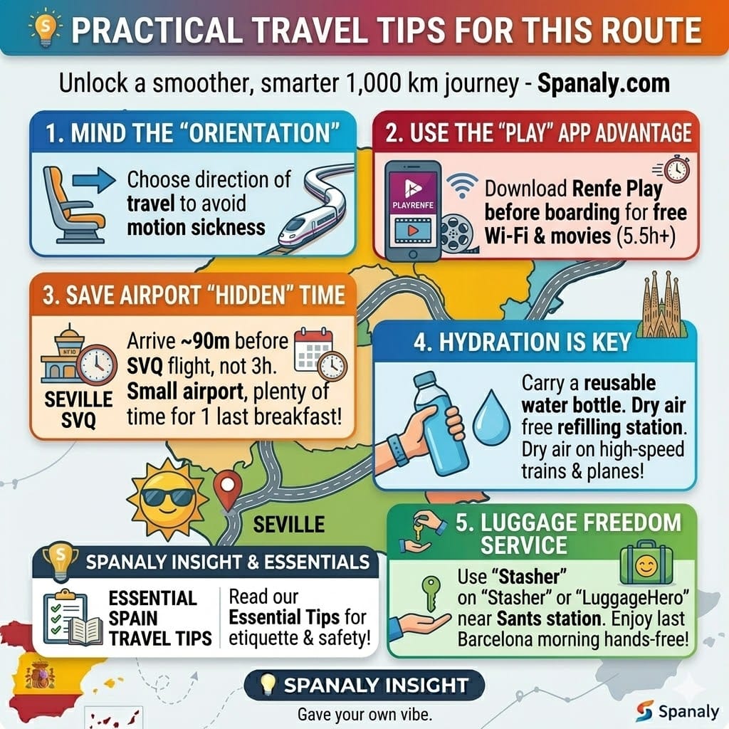 Vibrant square infographic checklist with practical travel tips from Barcelona to Seville: Train seat direction, Renfe Play app, airport timing, hydration, and luggage services.