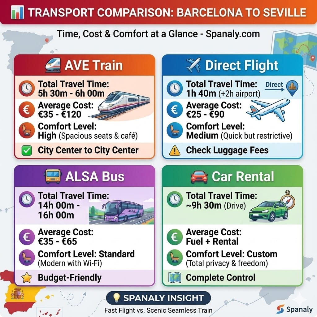 Square infographic comparing travel from Barcelona to Seville: AVE train, direct flights, ALSA bus, and car rental with time and cost details.