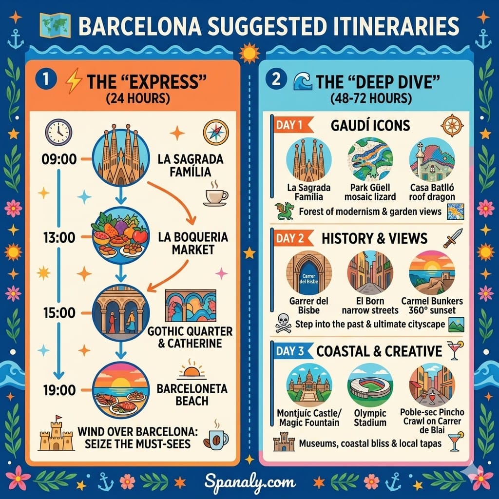 Colorful infographic titled "Barcelona Suggested Itineraries" comparing a 24-hour Express route and a 48-72 hour Deep Dive plan, featuring Sagrada Família, La Boqueria, Gothic Quarter, Park Güell, and Carmel Bunkers by Spanaly.