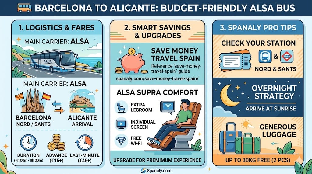 Comprehensive infographic guide for the ALSA bus from Barcelona to Alicante, showing travel logistics, fares from €15, a comparison of standard vs. Supra comfort, and pro tips for overnight trips.