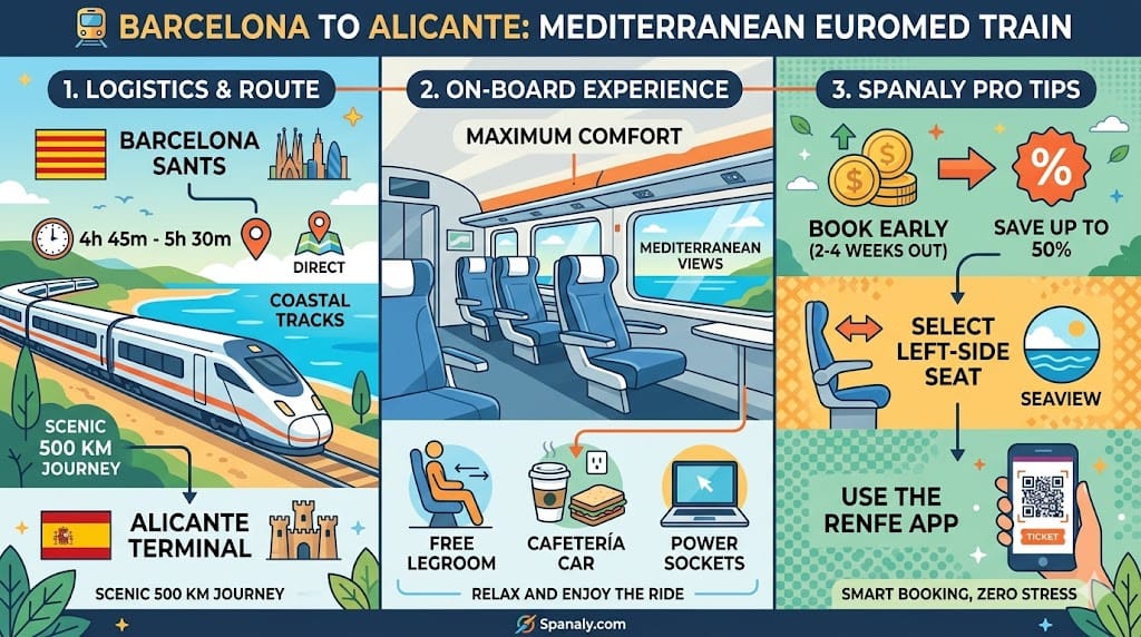 Detailed infographic guide for the Euromed train from Barcelona to Alicante, showing travel logistics, on-board amenities like sea views and cafetería, and pro booking tips for Renfe tickets.