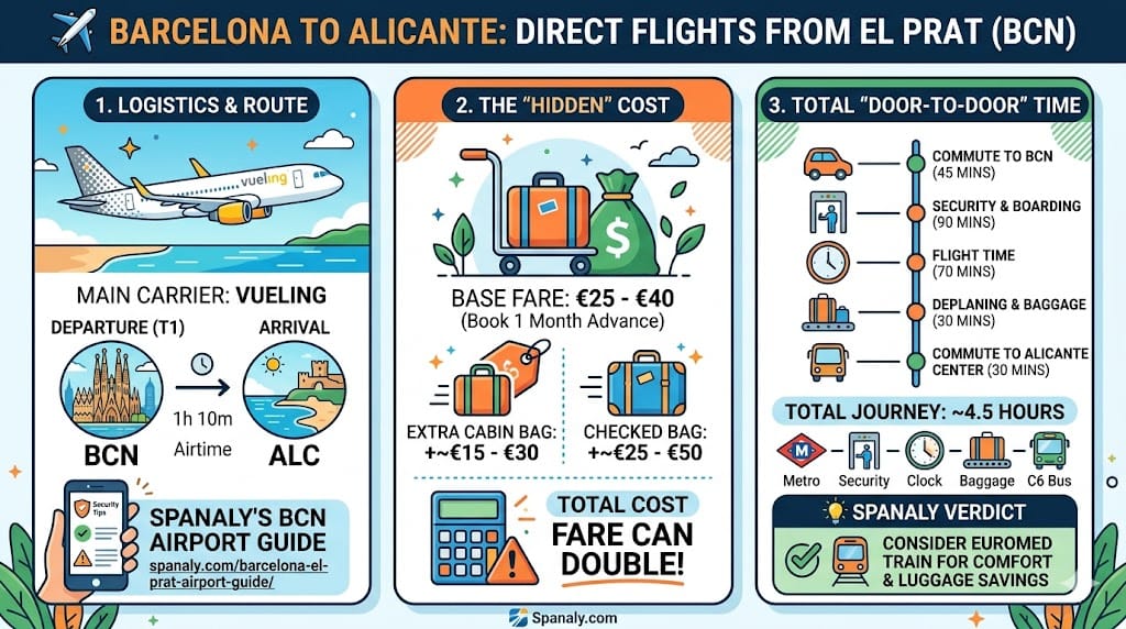 Detailed flight logistics infographic for Barcelona to Alicante travel on Vueling, comparing the 70-minute airtime with the total 4.5-hour door-to-door journey and highlighting hidden luggage costs.