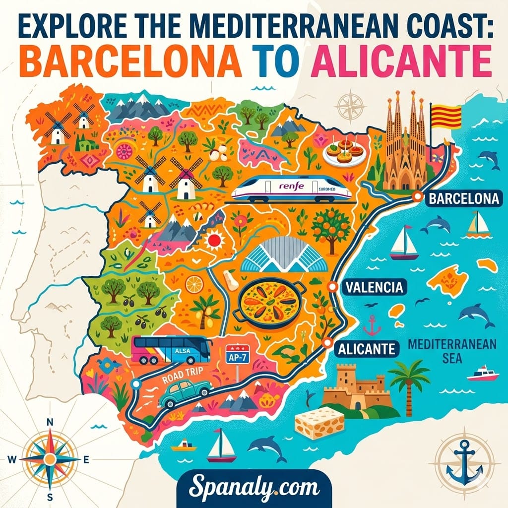 An epic infographic map of Spain showing the travel route from Barcelona to Alicante, featuring icons for the Euromed train, ALSA bus, AP-7 coastal road, Valencia paella, and Mediterranean landmarks.