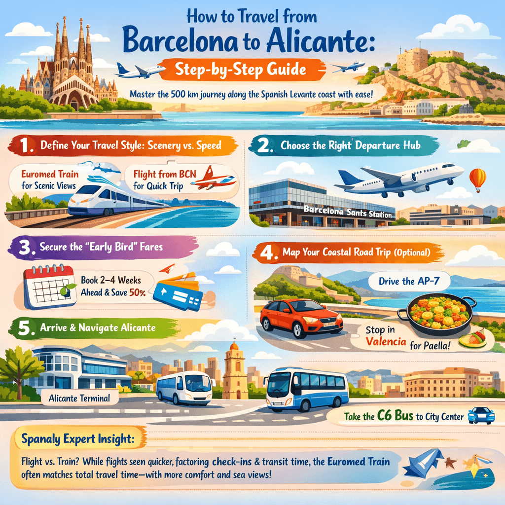 Colorful infographic showing a step-by-step guide to travel from Barcelona to Alicante, including train, flight, road trip options, booking tips, and arrival transportation details in Spain.