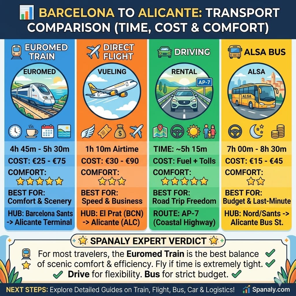 Comprehensive transport comparison infographic for Barcelona to Alicante travel, showing travel time, cost, and comfort for Euromed trains, Vueling flights, AP-7 driving, and ALSA buses.