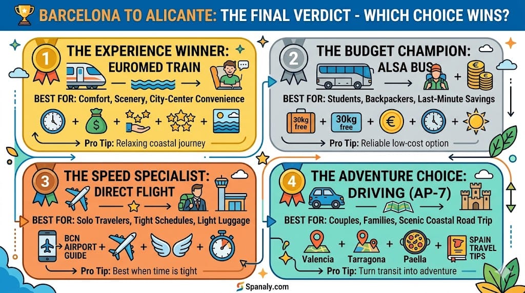 Final verdict infographic comparing transport from Barcelona to Alicante, highlighting the Euromed train as the experience winner, ALSA bus as the budget champion, Vueling flight as the speed specialist, and AP-7 driving as the adventure choice.