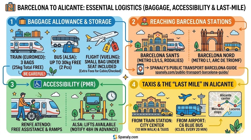 Comprehensive travel logistics infographic for Barcelona to Alicante, detailing baggage allowances for trains and flights, accessibility services like Renfe Atendo, and last-mile transport options in Alicante.
