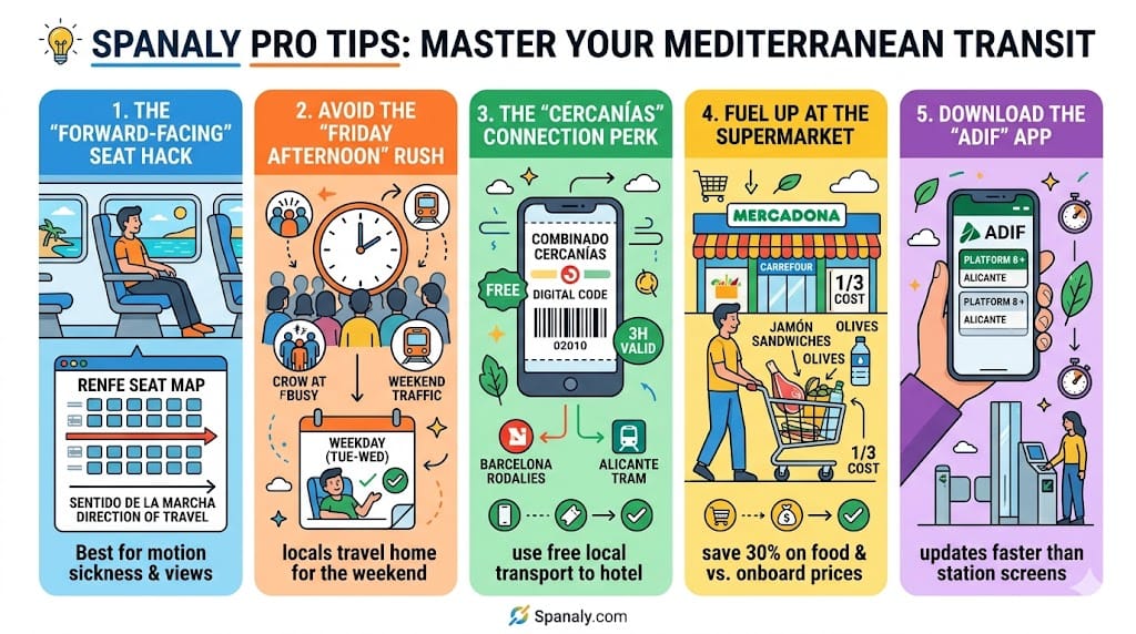 Pro tips infographic for traveling from Barcelona to Alicante, featuring the Renfe forward-facing seat hack, free Combinado Cercanías connection, and using the Adif app for real-time station platform updates.