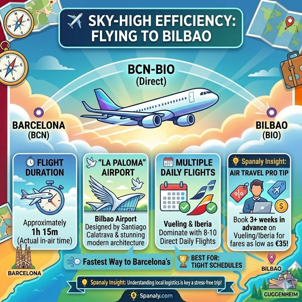 Comprehensive square infographic comparing travel from Barcelona to Bilbao via plane, train, bus, and car, including duration, price, and Spanaly tips for comfort.
