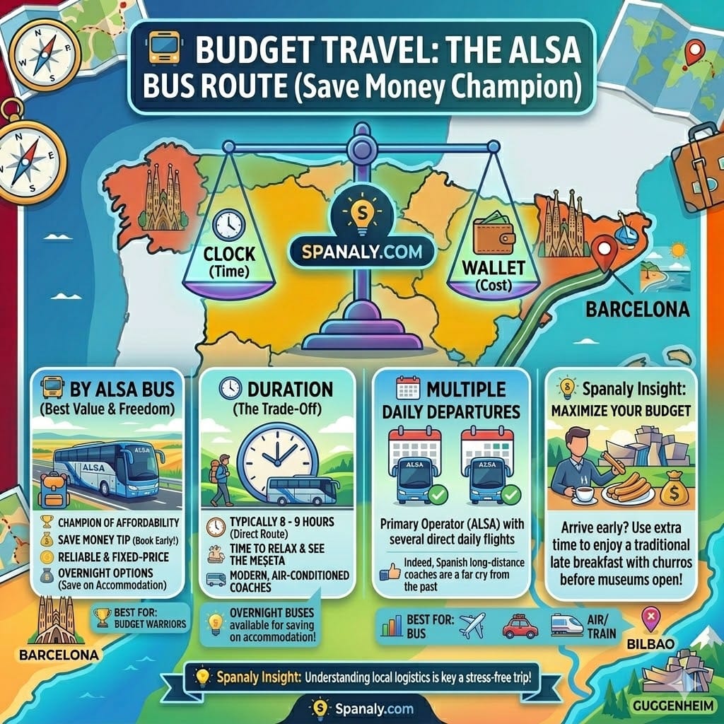 Comprehensive square infographic focusing on the ALSA bus route from Barcelona to Bilbao, highlighting budget benefits, duration, daily departures, and Spanaly tips for early arrival.