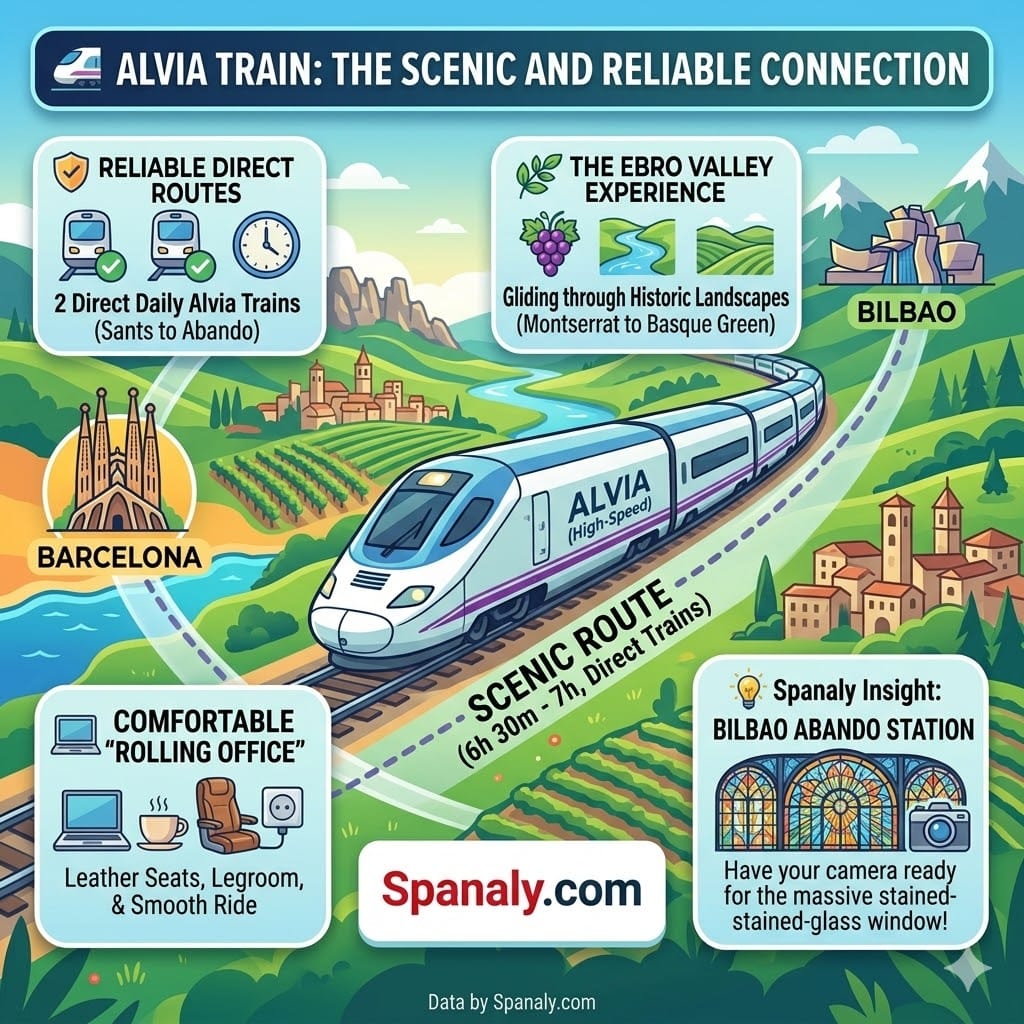 Comprehensive square infographic comparing travel from Barcelona to Bilbao via plane, train, bus, and car, including duration, price, and Spanaly tips for comfort.