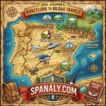 Featured square infographic map illustrating the journey from Barcelona to Bilbao, highlighting direct routes, travel times, and scenic highlights for flight, Alvia train, ALSA bus, and car rental. Designed for Spanaly.com.