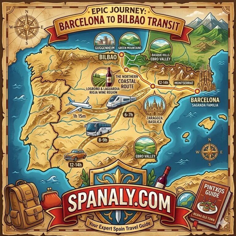 Featured square infographic map illustrating the journey from Barcelona to Bilbao, highlighting direct routes, travel times, and scenic highlights for flight, Alvia train, ALSA bus, and car rental. Designed for Spanaly.com.