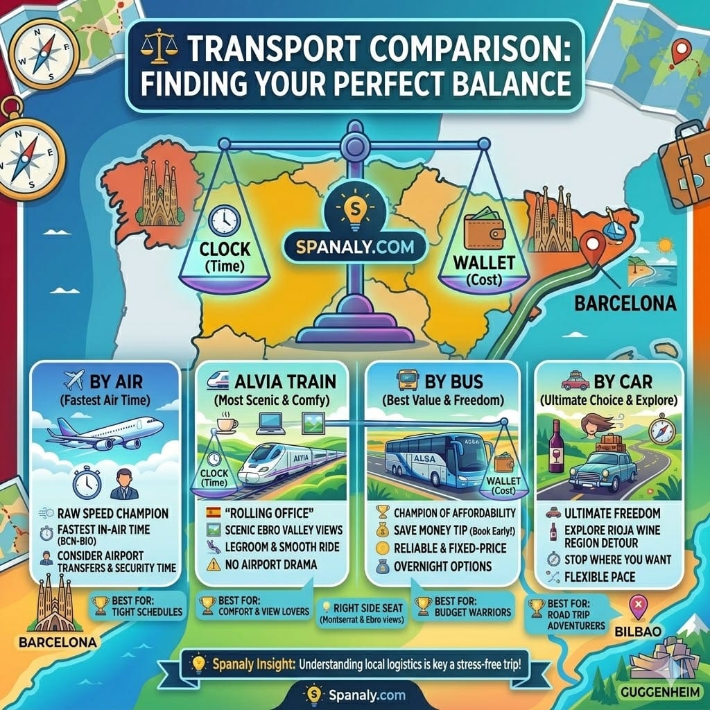 Comprehensive square infographic comparing travel options from Barcelona to Bilbao, balancing speed vs. cost with icons for flight, Alvia train, ALSA bus, and car rental with time and price details.