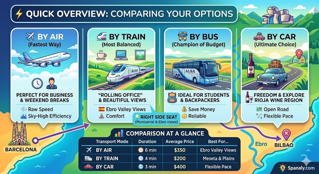 A comprehensive square infographic comparing travel from Barcelona to Bilbao via plane, train, bus, and car, including duration, price, and Spanaly tips for comfort.