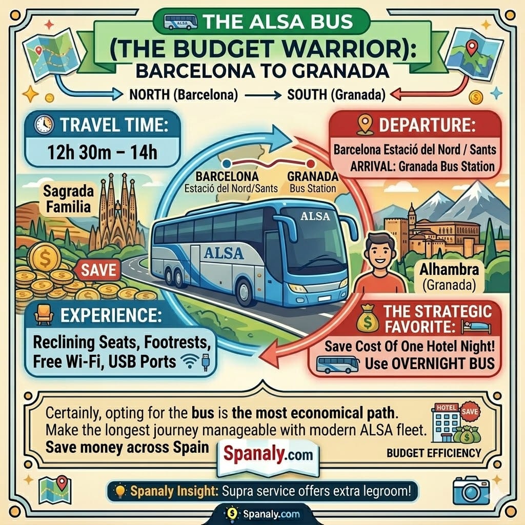 Comprehensive square infographic guide for traveling from Barcelona to Granada by ALSA bus. Features include a clock showing travel time, departure/arrival details (Barcelona/Granada Stations), on-board comfort, the overnight option to save a hotel night, and comparing cost to train and flight. Includes Spanaly.com logo.