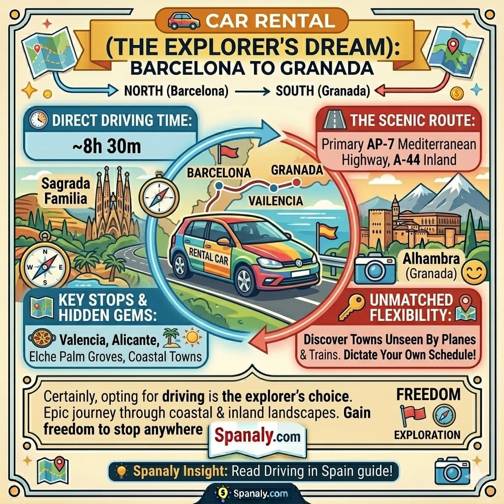 Comprehensive square infographic guide for traveling from Barcelona to Granada by car rental. Features include a clock showing travel time, key stops like Valencia and Alicante, coastal views, on-board flexibility, driving costs (AP-7), and Comparing freedom to other options. Includes Spanaly.com logo.