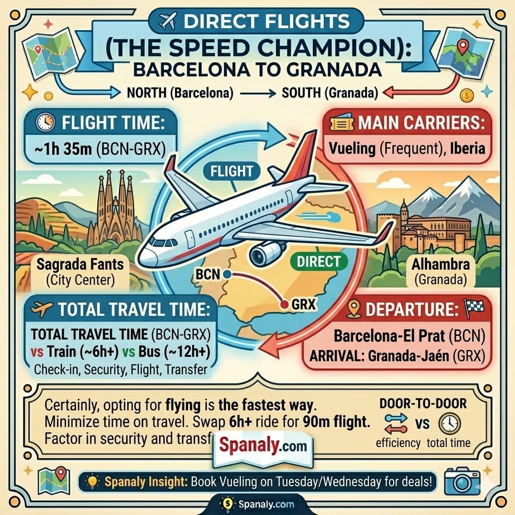 Comprehensive square infographic guide for traveling from Barcelona to Granada by direct flight. Features include a clock showing travel time, departure/arrival airports (BCN, GRX), and icons for security, carriers, and comfort, comparing speed to ground options. Includes Spanaly.com logo.