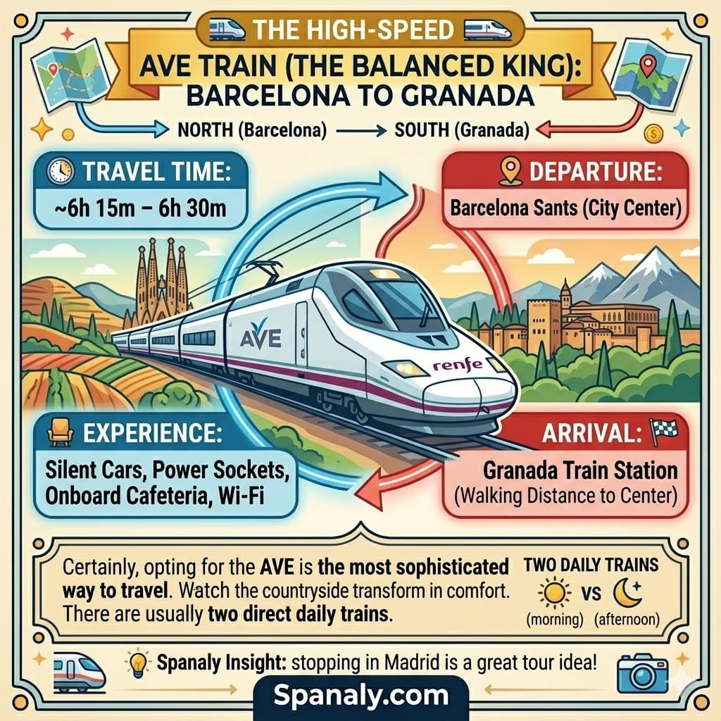Comprehensive square infographic guide for traveling from Barcelona to Granada by high-speed AVE train. Features include a clock showing travel time, departure/arrival details (Barcelona Sants/Granada Train Station), cafeteria, comfort features, and scenic views of Montserrat and Sierra Nevada. Includes Spanaly.com logo.