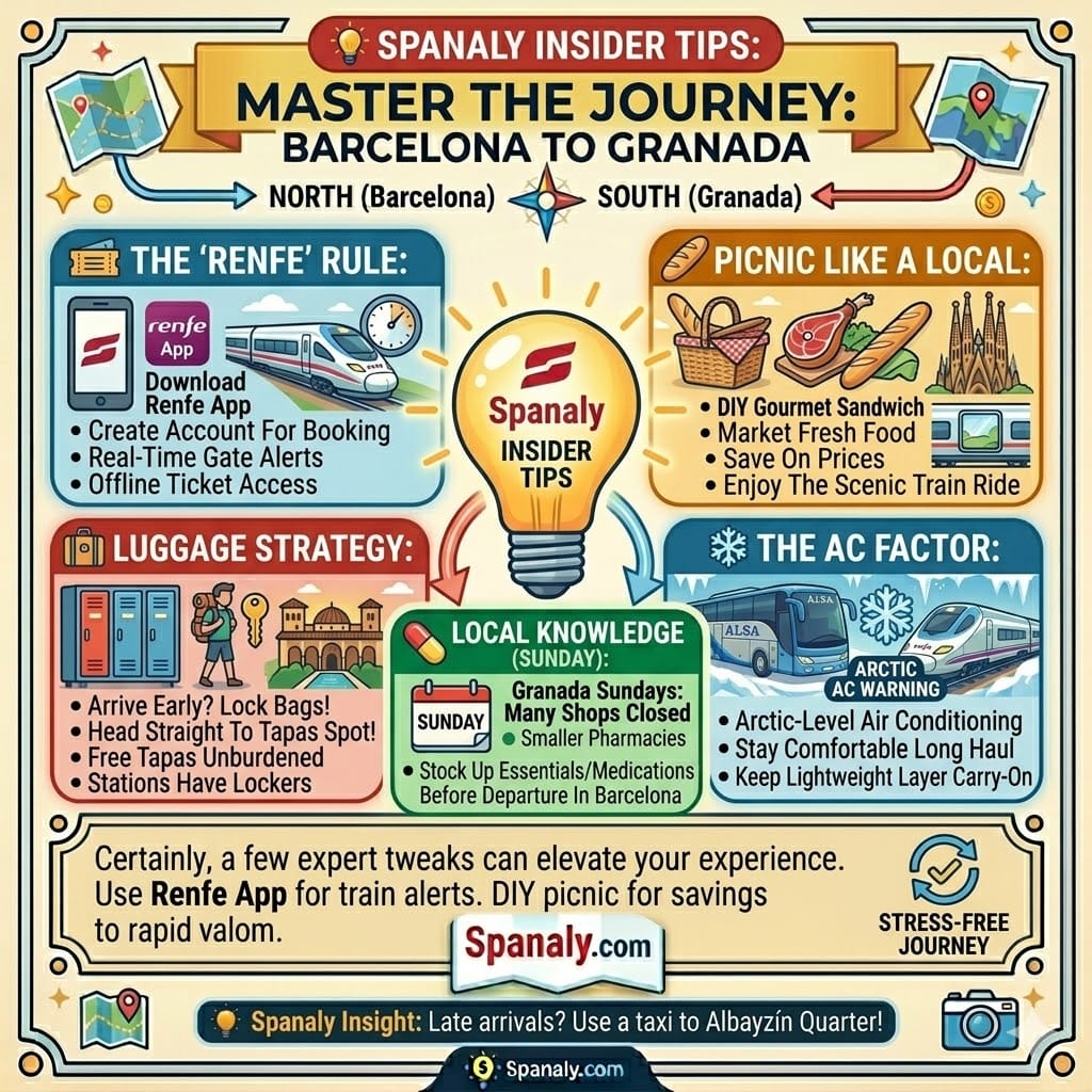 Comprehensive square infographic guide of insider travel tips from Barcelona to Granada. It features a decision matrix for different priorities like speed, cost, and comfort. and detailed sections on the Renfe rule, local market picnic, AC comfort, luggage lockers, and Sunday closures. Includes gold, silver, and bronze medals for top categories and the Spanaly.com logo.