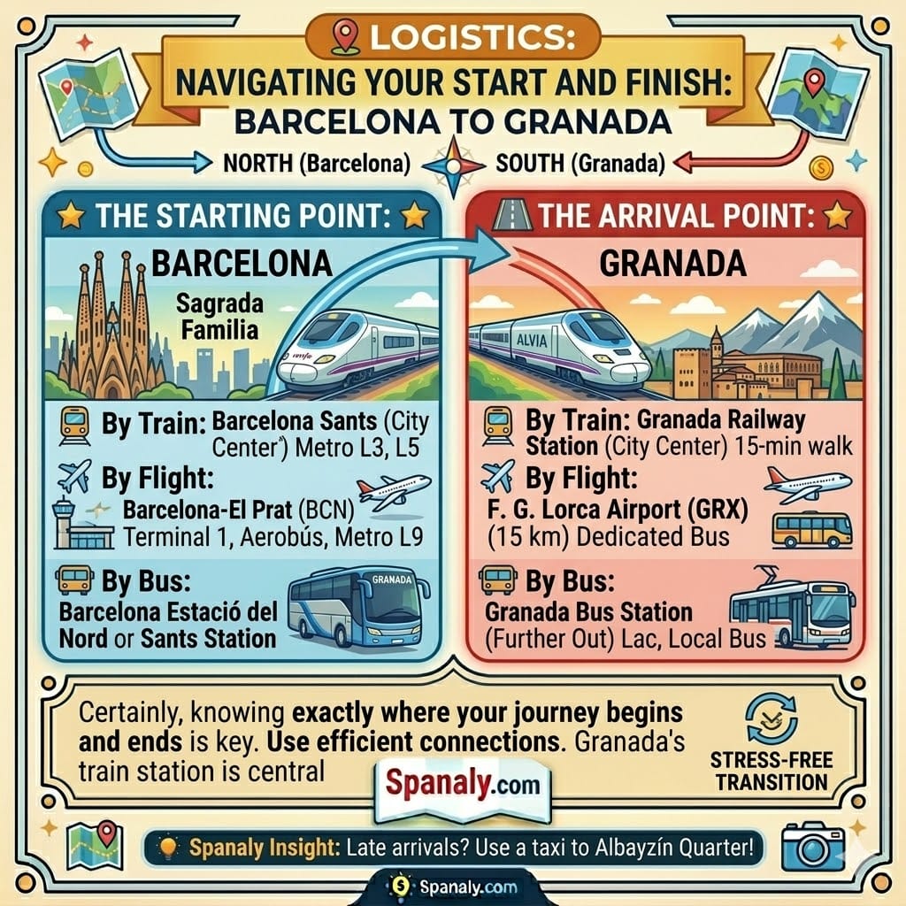 Comprehensive square infographic guide for navigating the logistics from Barcelona to Granada. It features a detailed map with key starting and ending locations like Barcelona Sants, Barcelona-El Prat BCN Airport, and Granada Train and Bus Stations. Icons represent train, bus, plane, and car options, comparing efficiency and connections. Includes Spanaly.com logo.