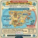 An epic square infographic map visualization from Spanaly.com detailing the travel guide from Barcelona to Granada. It features a decision matrix for different priorities like speed, cost, and comfort. and detailed sections on the Renfe rule, local market picnic, AC comfort, luggage lockers, and Sunday closures. Includes gold, silver, and bronze medals for top categories and the Spanaly.com logo.