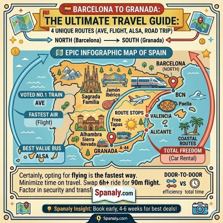 An epic square infographic map visualization from Spanaly.com detailing the travel guide from Barcelona to Granada. It features a decision matrix for different priorities like speed, cost, and comfort. and detailed sections on the Renfe rule, local market picnic, AC comfort, luggage lockers, and Sunday closures. Includes gold, silver, and bronze medals for top categories and the Spanaly.com logo.