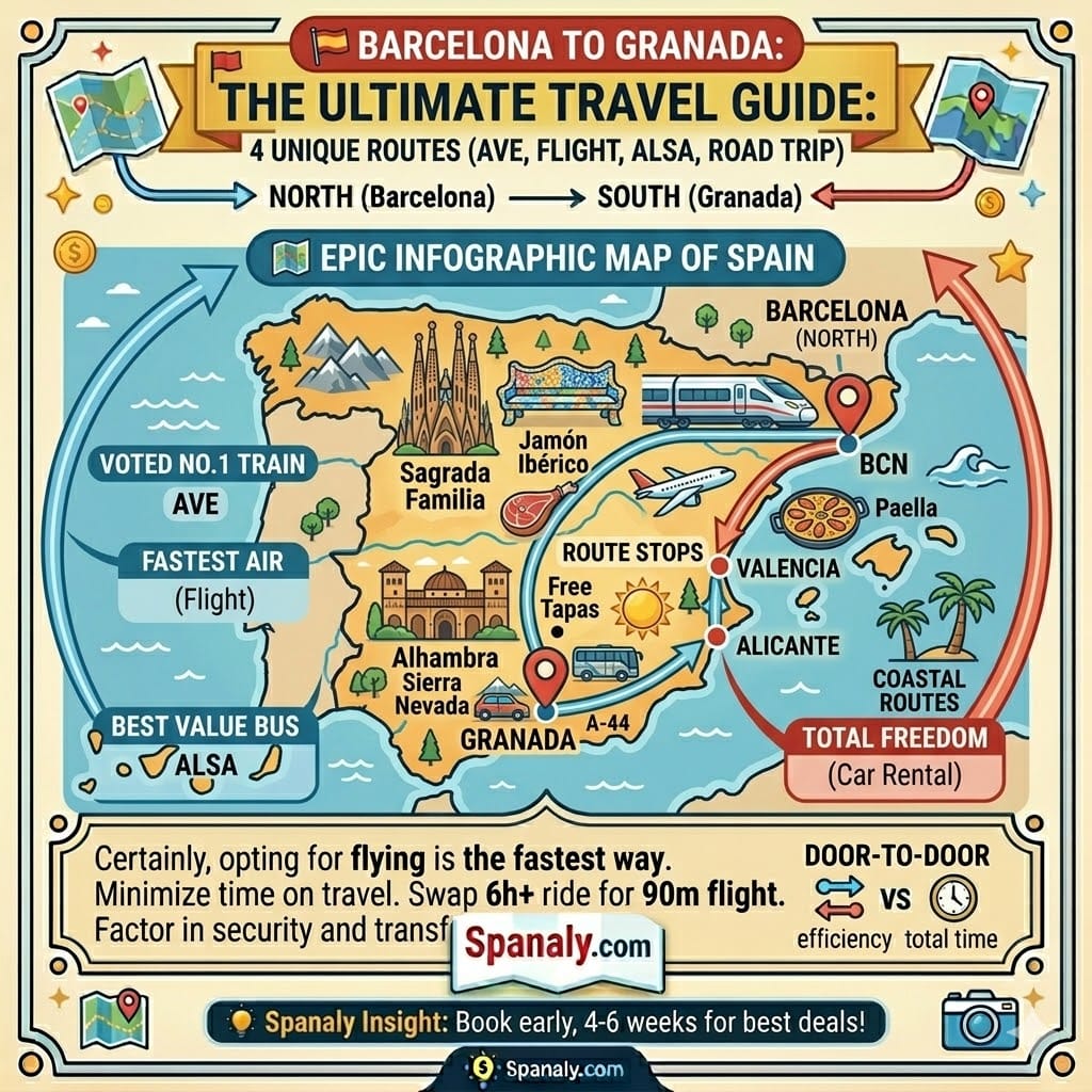 An epic square infographic map visualization from Spanaly.com detailing the travel guide from Barcelona to Granada. It features a decision matrix for different priorities like speed, cost, and comfort. and detailed sections on the Renfe rule, local market picnic, AC comfort, luggage lockers, and Sunday closures. Includes gold, silver, and bronze medals for top categories and the Spanaly.com logo.