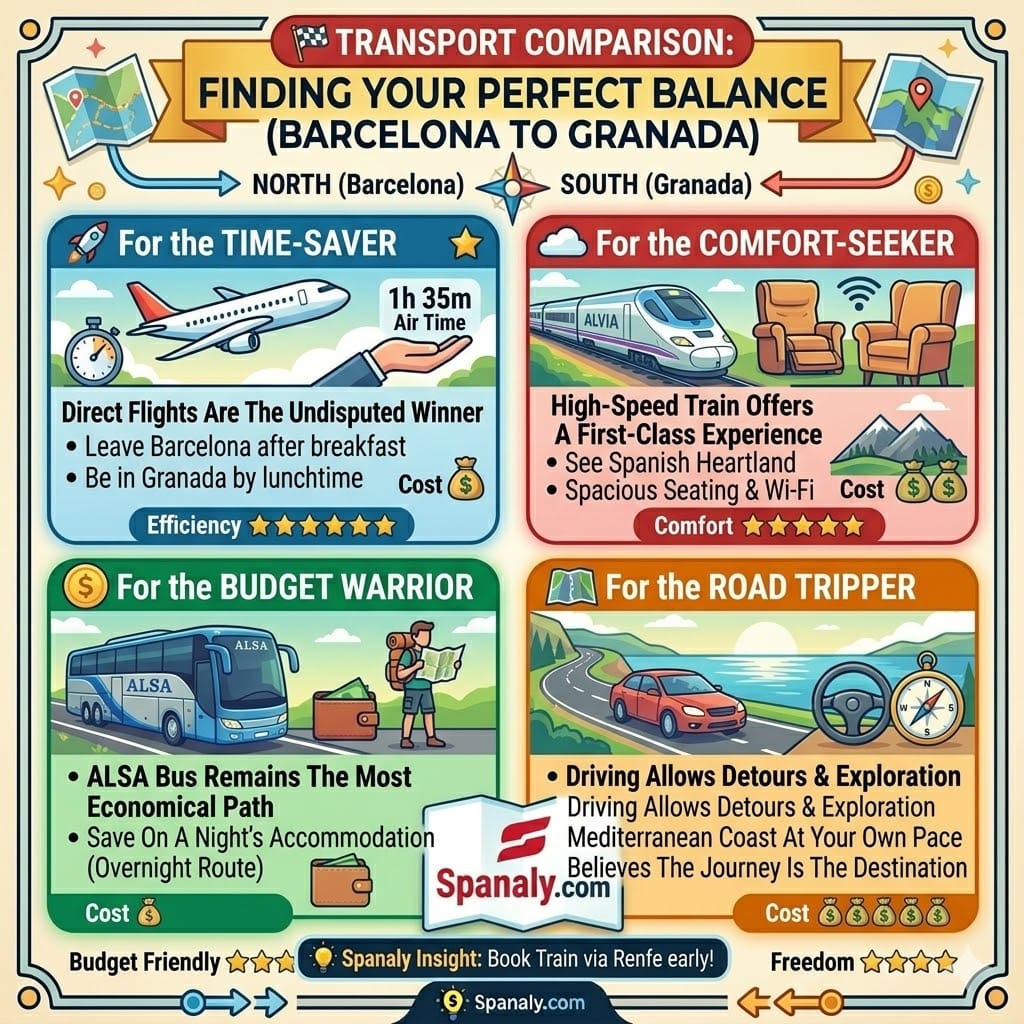 Comprehensive square infographic comparison of travel methods from Barcelona to Granada. It features columns for Air, High-Speed Train, ALSA Bus, and Car Rental, with icons for speed, comfort, budget, and flexibility. Includes a central balance scale and Spanaly.com logo.